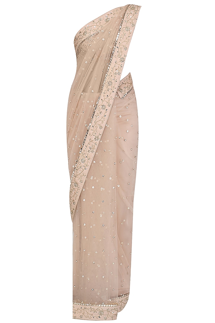 Blush Pink Floral Embroidered Mukaish Work Saree and Blouse Set by Pooja Peshoria