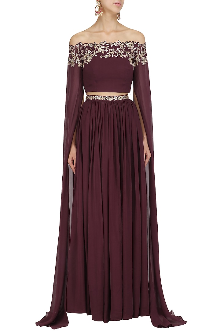 Marsala cape sleeves crop top and skirt set available only at Pernia's Pop Up Shop