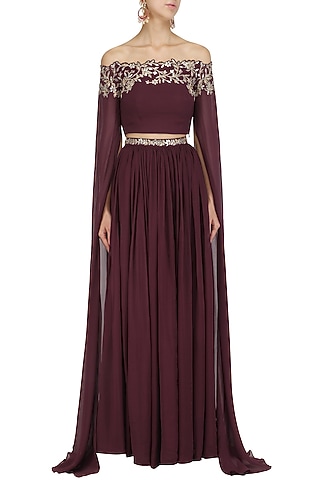 Marsala Off Shoulder Embroided Cape Sleeve Crop Top Skirt by Pooja Peshoria