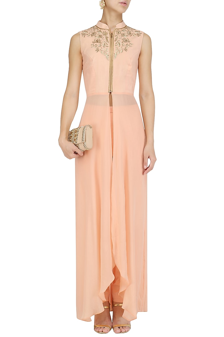 Peach dabka embroidered asymmetrical kurta and pants set available only at Pernia's Pop Up Shop.