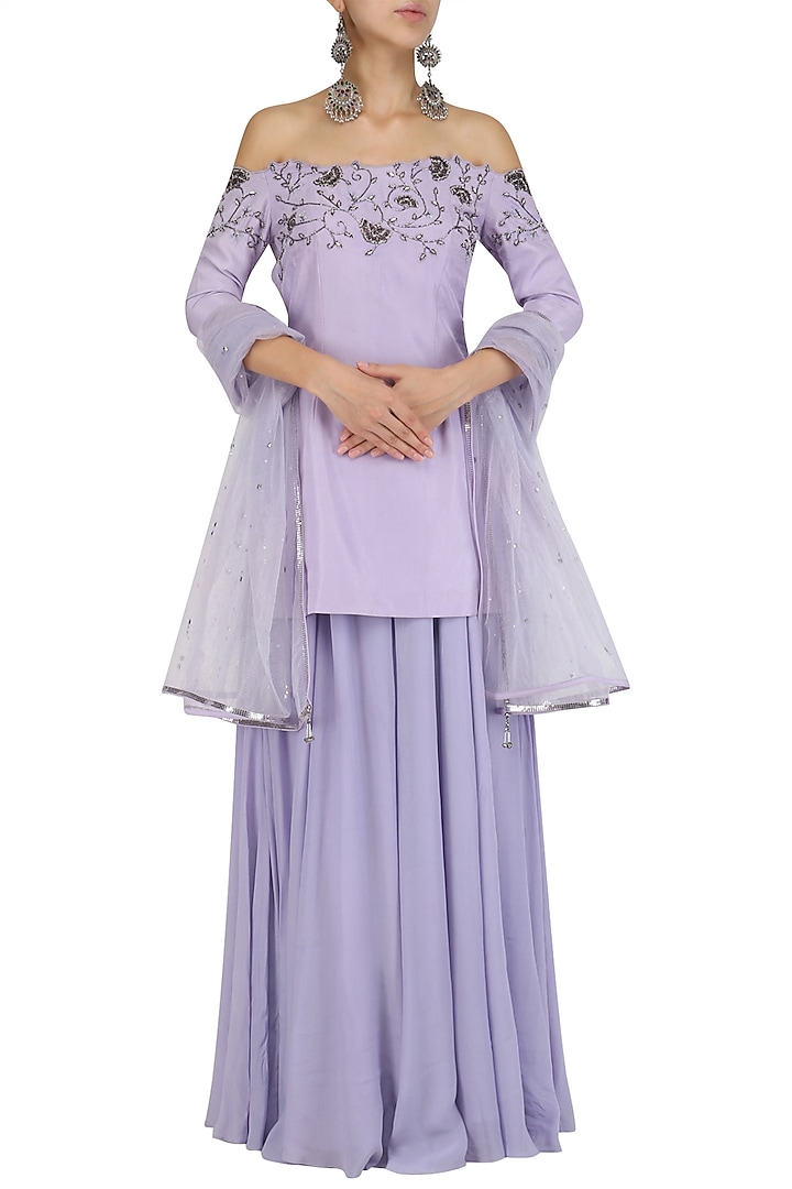 Lavender off shoulder cutwork kurta and sharara set available only at Pernia's Pop Up Shop.