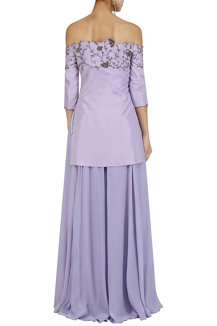 Lavender off shoulder cutwork kurta and sharara set available only at Pernia's Pop Up Shop.