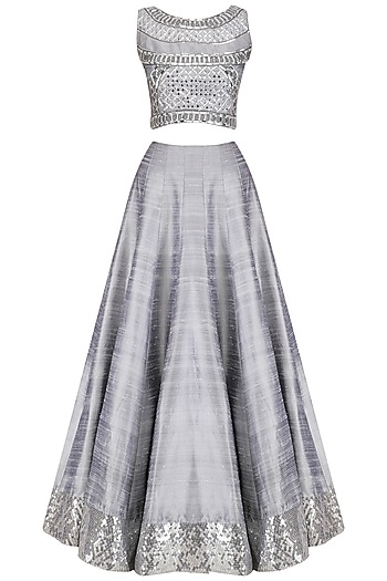 grey crystal embroidered crop top and skirt set available only at pernia s pop up shop pooja peshoria