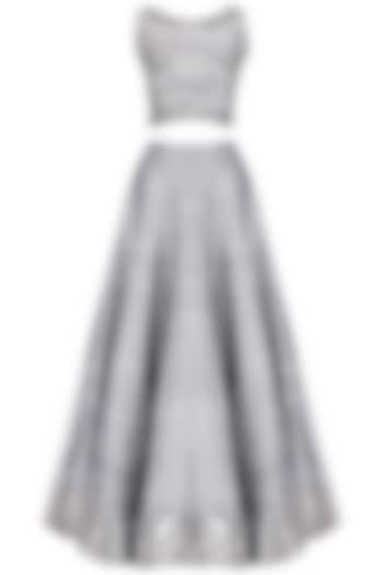 Grey crystal embroidered crop top and skirt set available only at Pernia's Pop Up Shop.