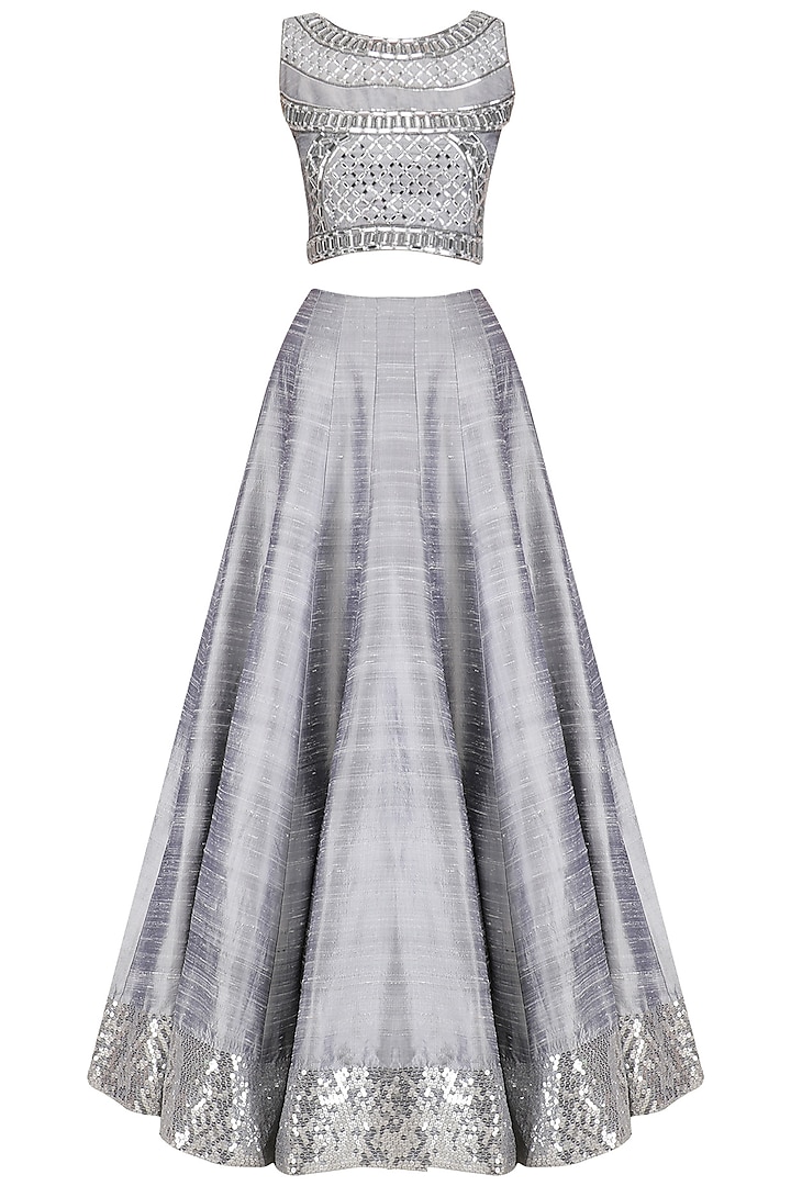 Grey Crystal Embroidered Crop Top and Skirt Set by Pooja Peshoria