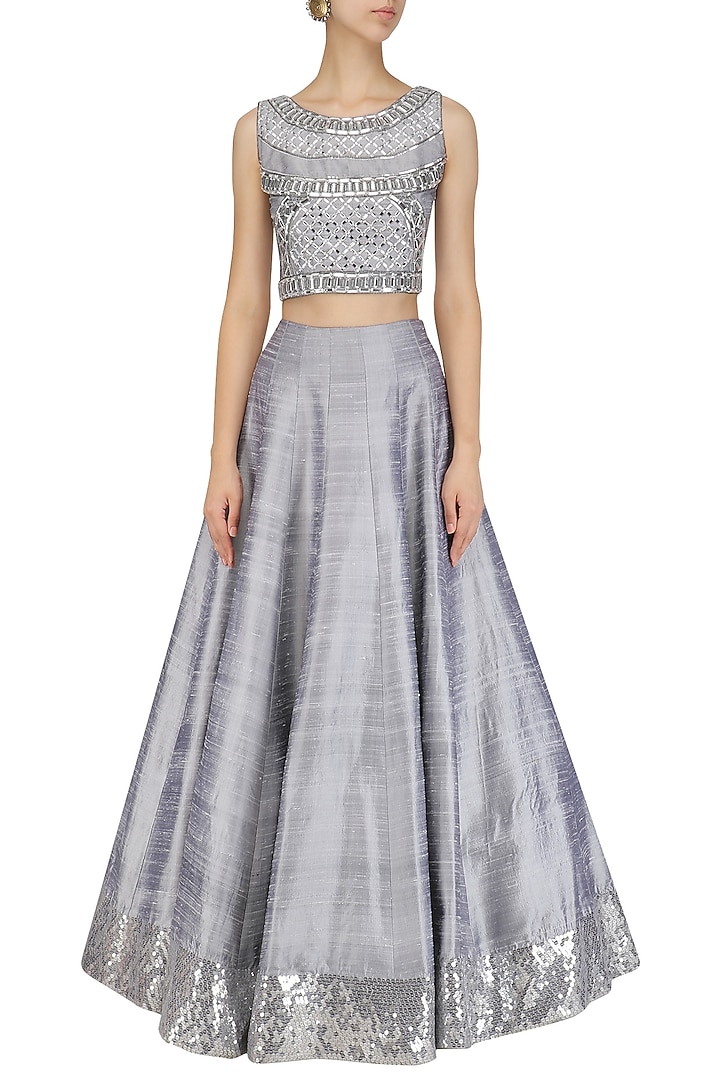 Grey crystal embroidered crop top and skirt set available only at Pernia's Pop Up Shop.