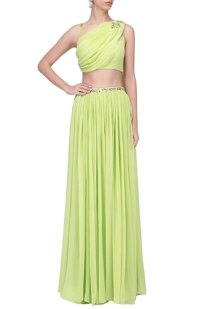 Lime green mukaish and cutdana work draped lehenga set available only at Pernia's Pop Up Shop.