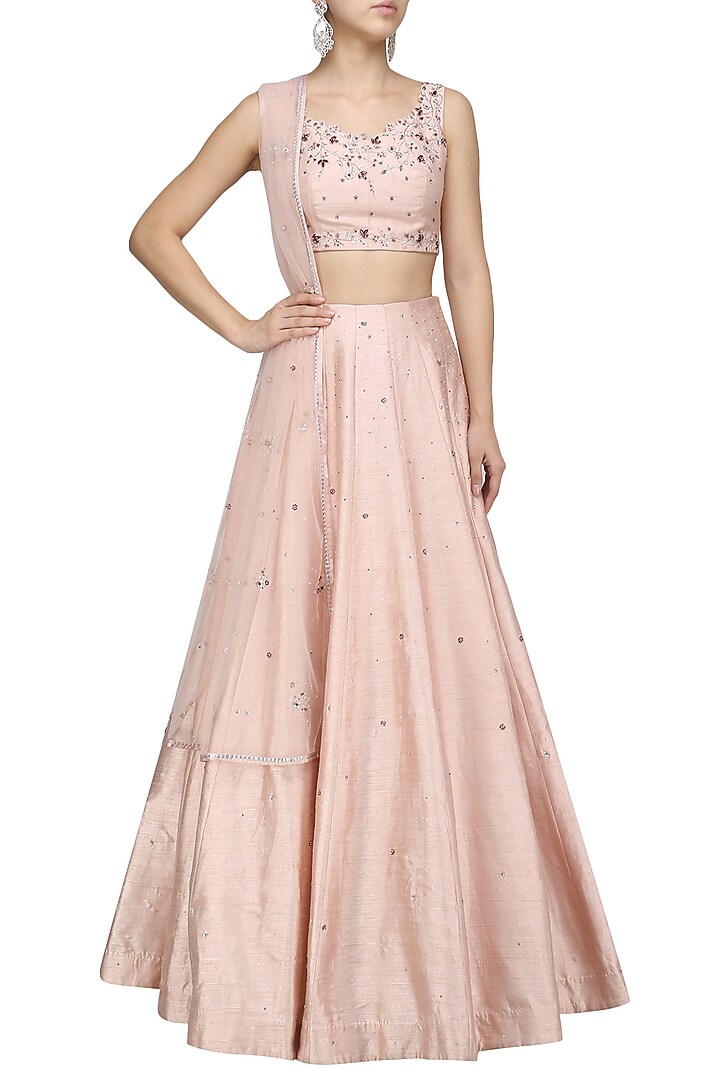 Soft peach crystal and beads embellished lehenga set only at Pernia's Pop Up Shop.