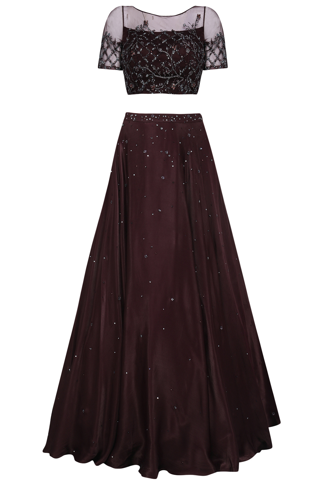 Deep Plum Sequins and Crystal Embellished Lehenga Set by Pooja Peshoria