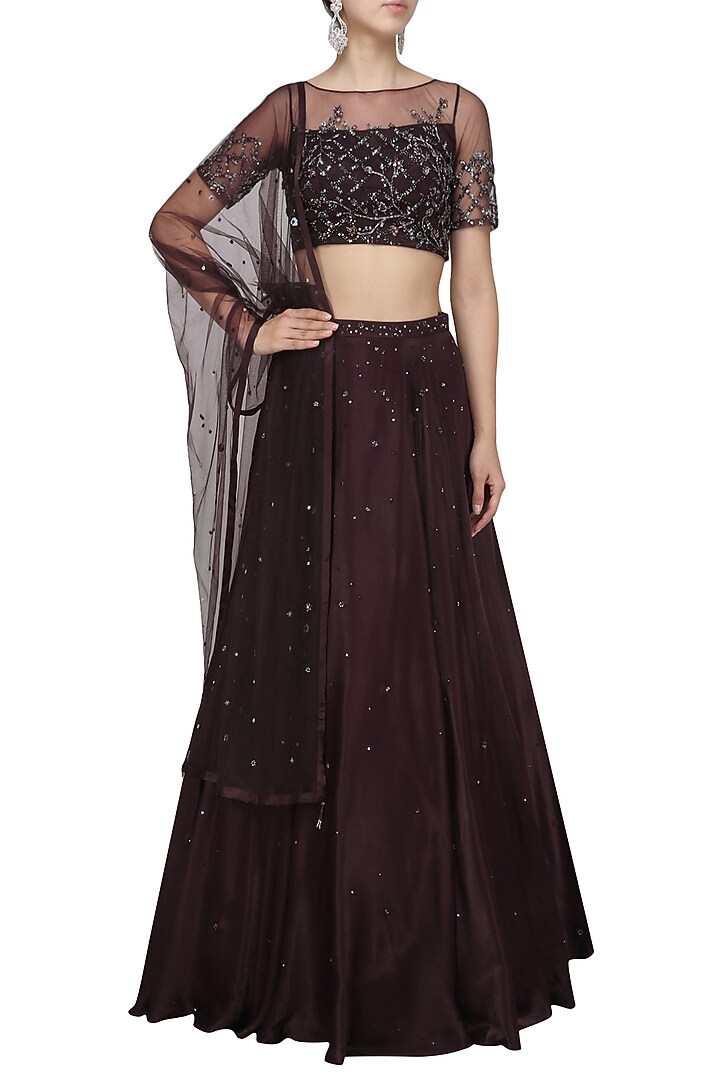 Deep plum sequins and crystal embellished lehanga set only at Pernia's Pop Up Shop.