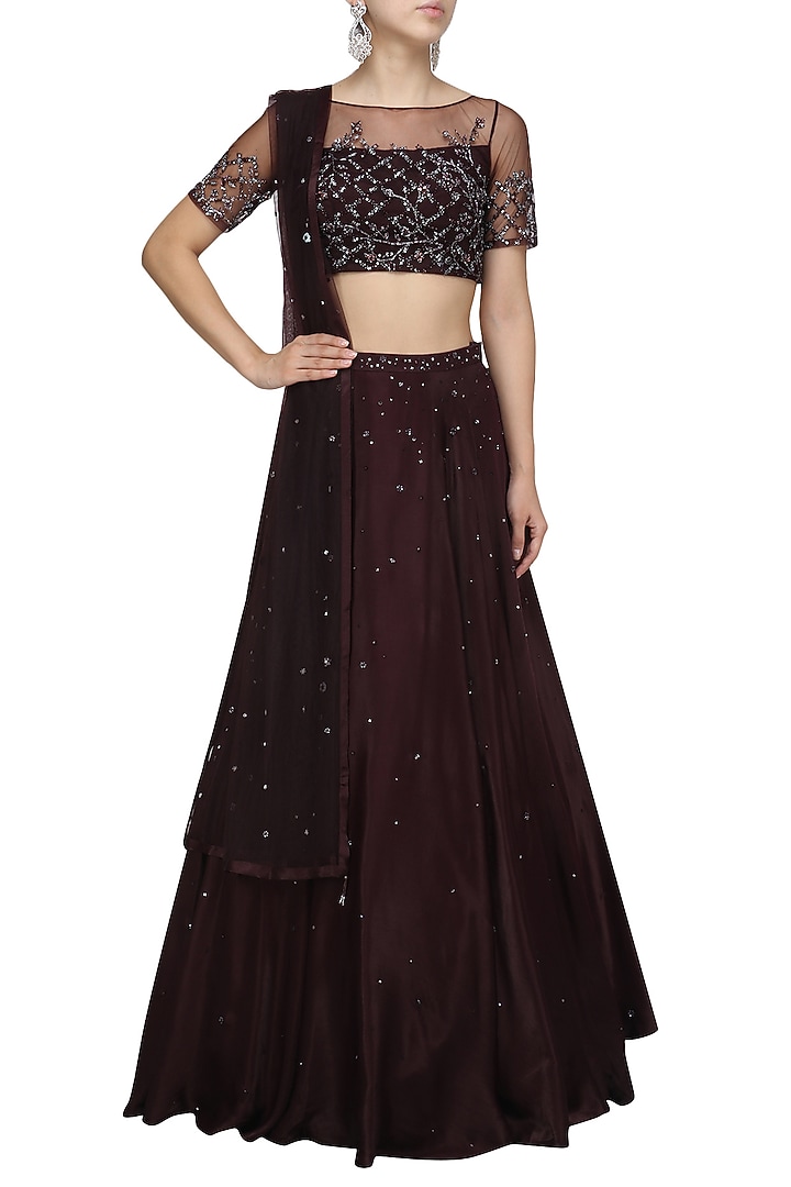 Deep plum sequins and crystal embellished lehanga set only at Pernia's Pop Up Shop.