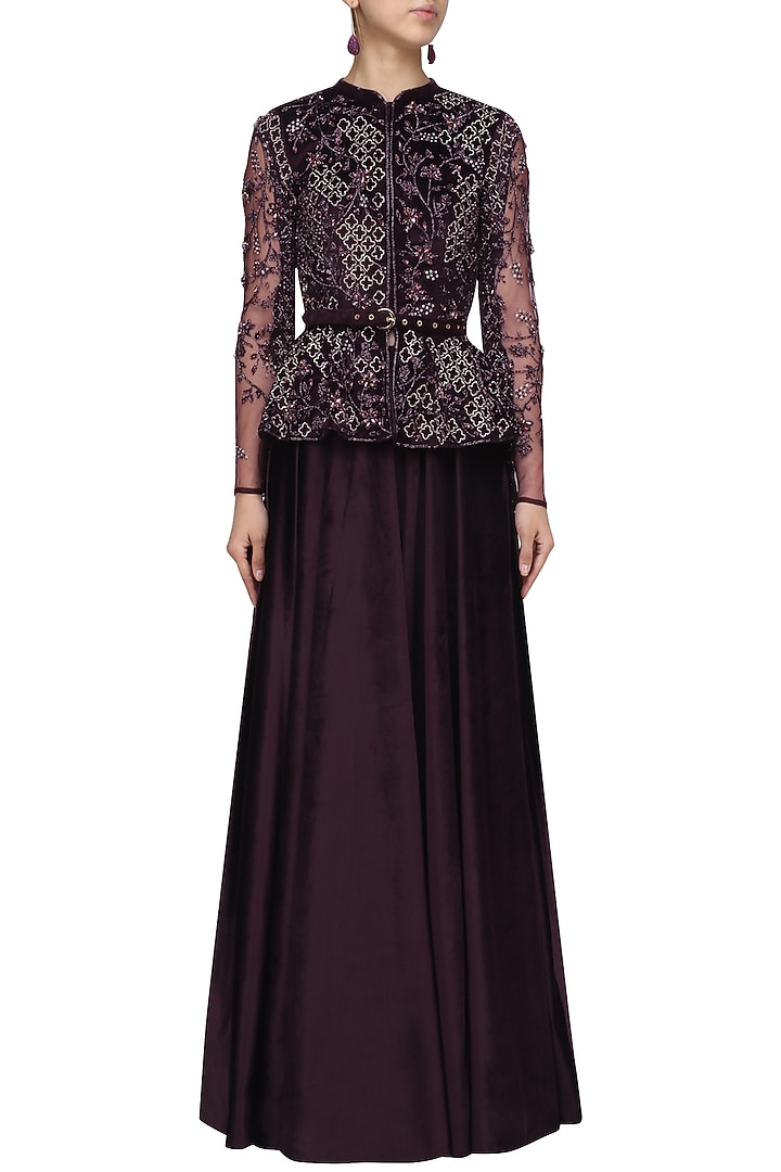 Deep purple embroidered peplum jacket with sharara set only at Pernia's Pop Up Shop.