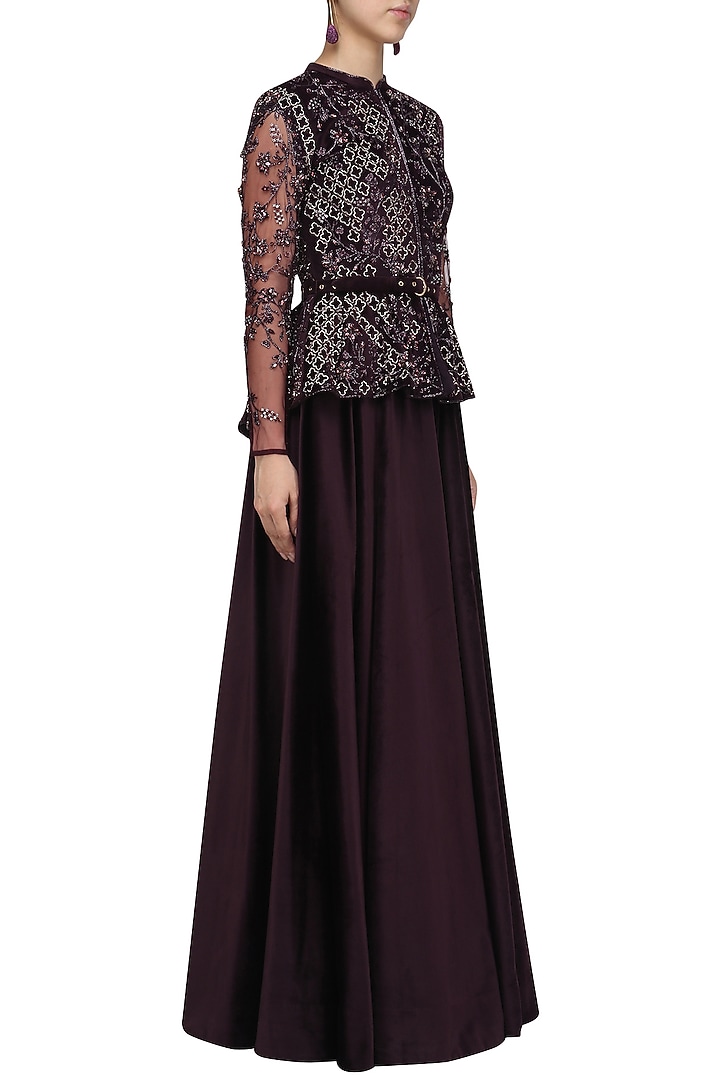 Deep purple embroidered peplum jacket with sharara set only at Pernia's Pop Up Shop.