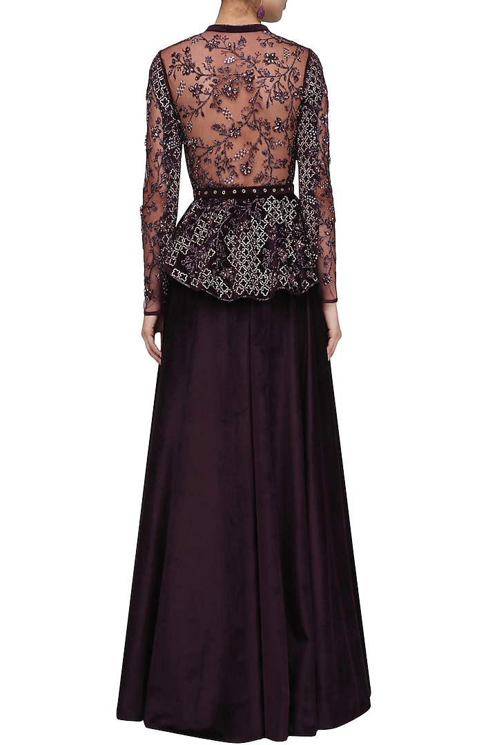 Deep purple embroidered peplum jacket with sharara set only at Pernia's Pop Up Shop.
