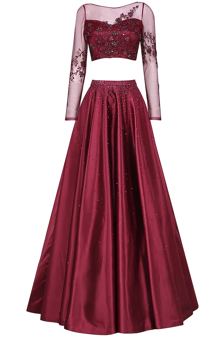 Wine Crystal and Bead Embellished Crop Top and Skirt Set by Pooja Peshoria