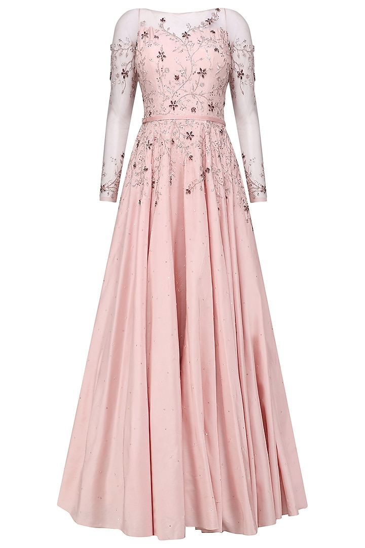 Soft Pink Crystal and Bead Embellished Gown by Pooja Peshoria
