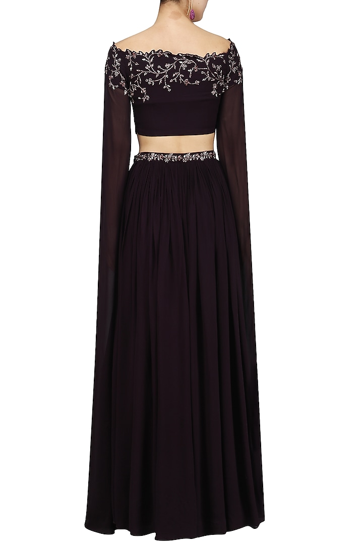 Deep Brinjal sequin and crystal embellished off shoulder crop top and skirt  set only at Pernia's Pop Up