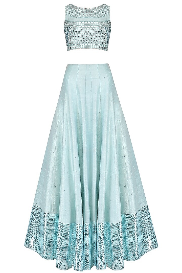 Aquamarine Blue Embellished Crop Top and Skirt Set by Pooja Peshoria