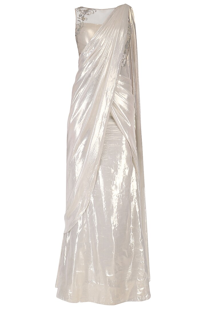 Gold embellished sheer back drape saree available only at Pernia's Pop Up Shop.