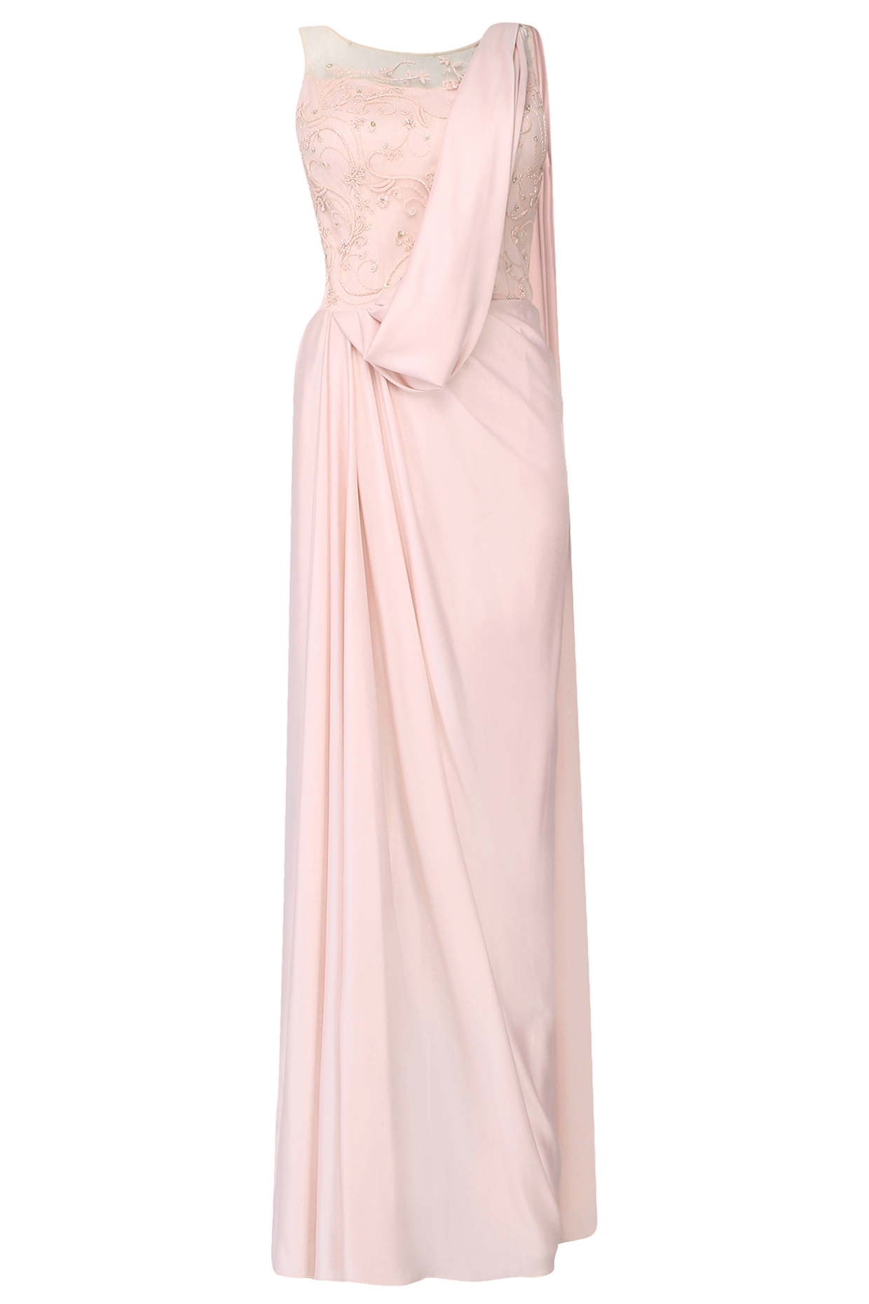 Soft pink embellished sheer back drape saree available only at Pernia's Pop Up Shop.