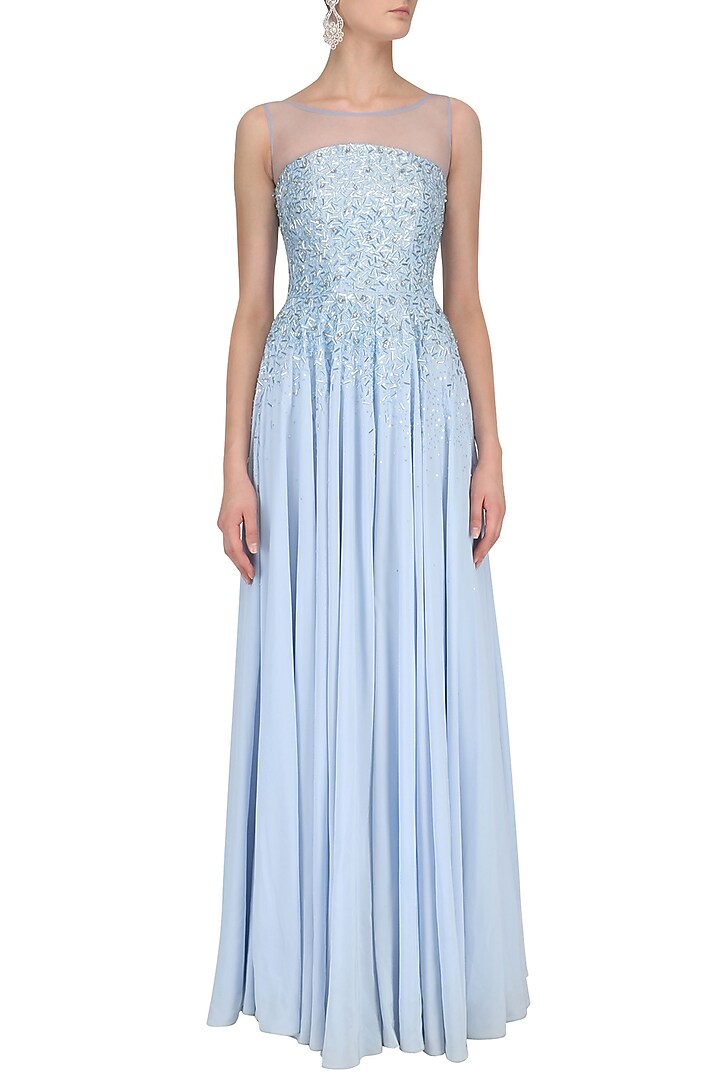Powder blue sequins and crystal embellished jumpsuit available only at Pernia's Pop Up Shop.