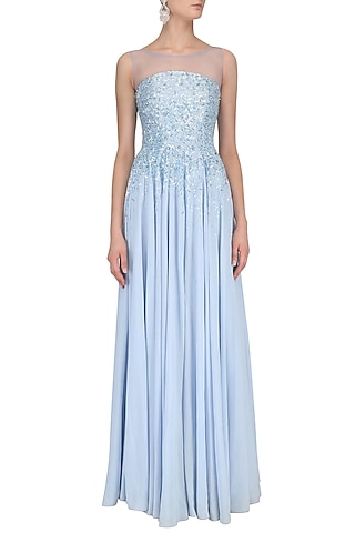 Powder Blue Sequins and Crystal Embellished Jumpsuit by Pooja Peshoria
