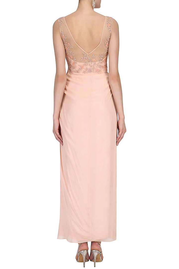 Pale peach floral embroidered drape gown available only at Pernia's Pop Up Shop.