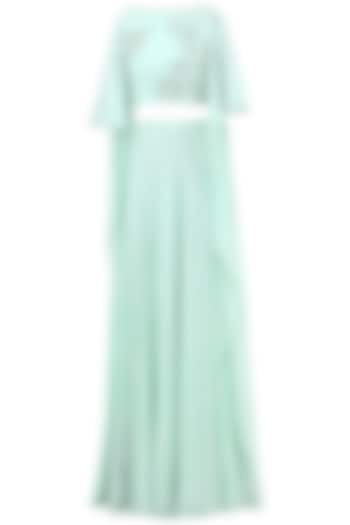 Pastel blue embroidered crop top with lehenga skirt available only at Pernia's Pop Up Shop.