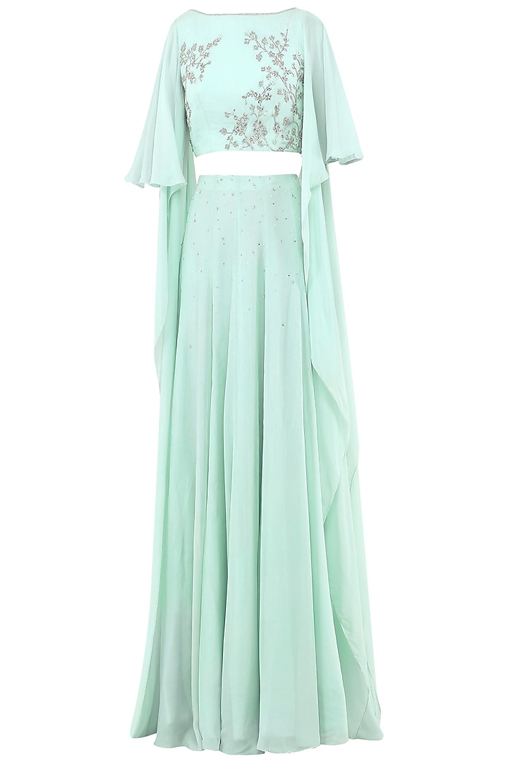 Pastel blue embroidered crop top with lehenga skirt available only at Pernia's Pop Up Shop.