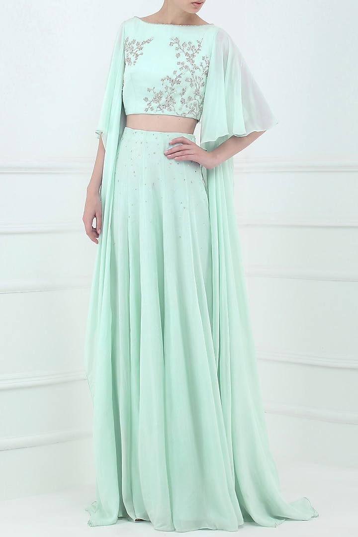 Pastel blue embroidered crop top with lehenga skirt available only at Pernia's Pop Up Shop.