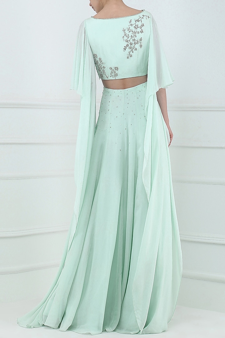 Pastel blue embroidered crop top with lehenga skirt available only at Pernia's Pop Up Shop.