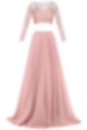 Deep rose sheer embroidered crop top with lehenga skirt available only at Pernia's Pop Up Shop.