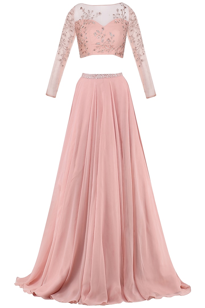 Deep rose sheer embroidered crop top with lehenga skirt available only at Pernia's Pop Up Shop.