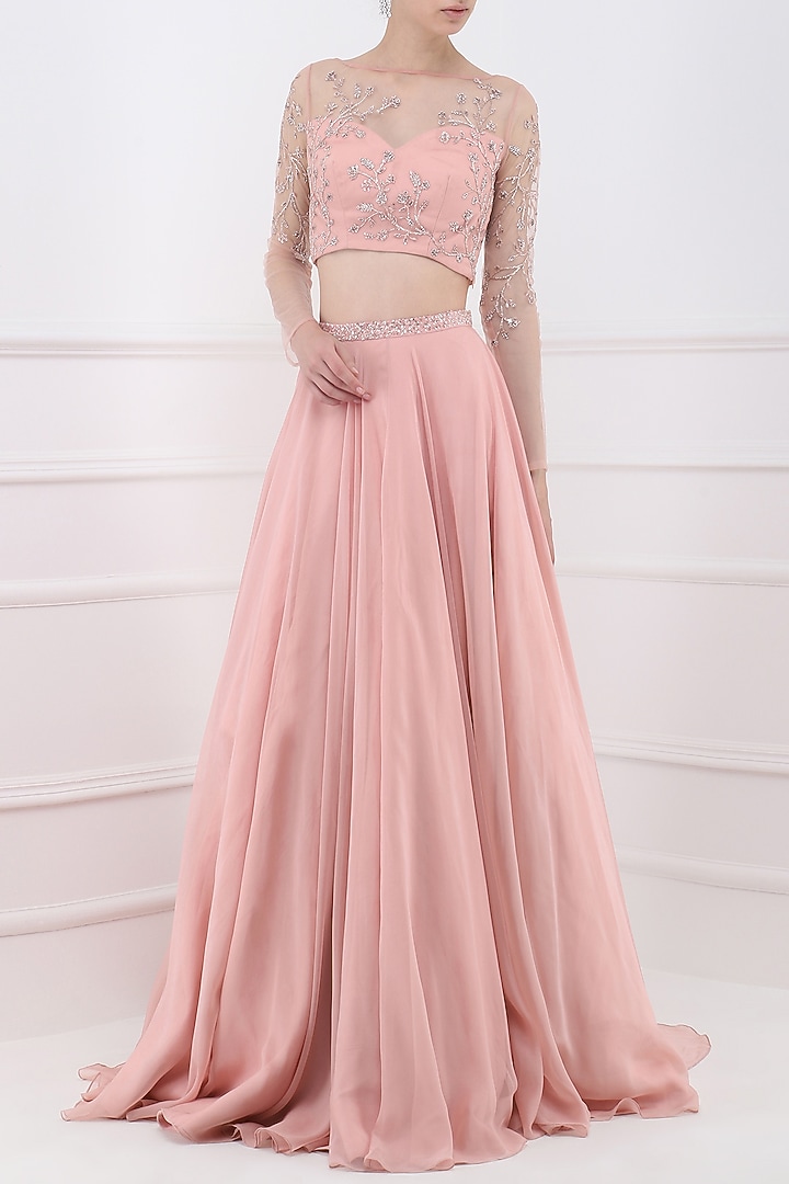 Deep rose sheer embroidered crop top with lehenga skirt available only at Pernia's Pop Up Shop.