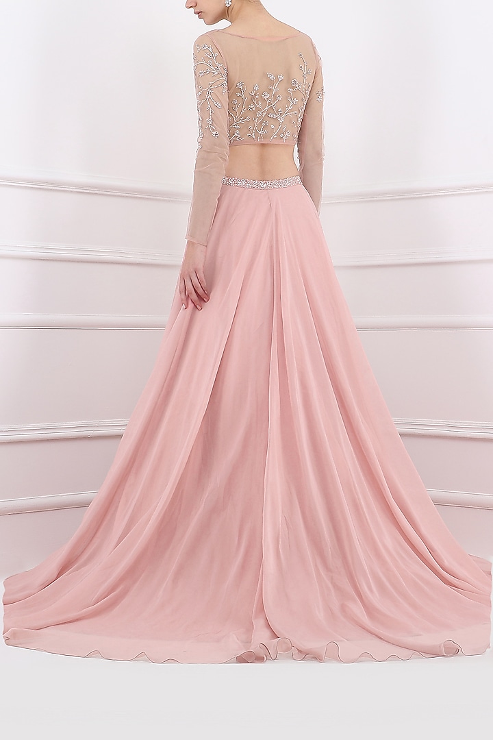 Deep rose sheer embroidered crop top with lehenga skirt available only at Pernia's Pop Up Shop.