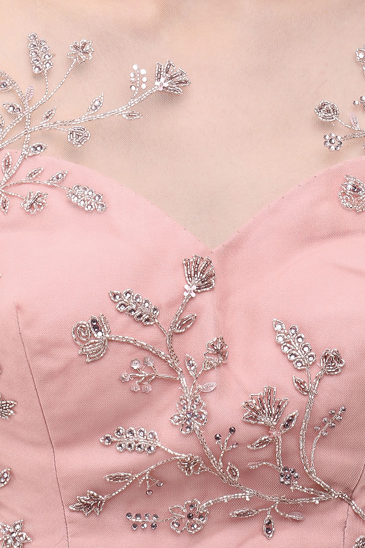 Deep rose sheer embroidered crop top with lehenga skirt available only at Pernia's Pop Up Shop.
