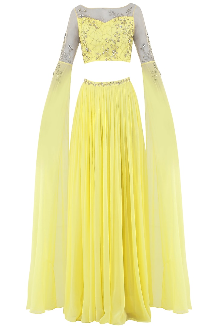 Lemon Yellow Embroidered Cape Sleeves Crop Top with Lehenga Skirt by Pooja Peshoria