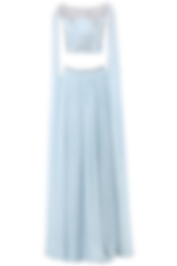 Pastel blue embroidered two slit cape sleeves crop top with lehenga skirt available only at Pernia's Pop Up Shop.