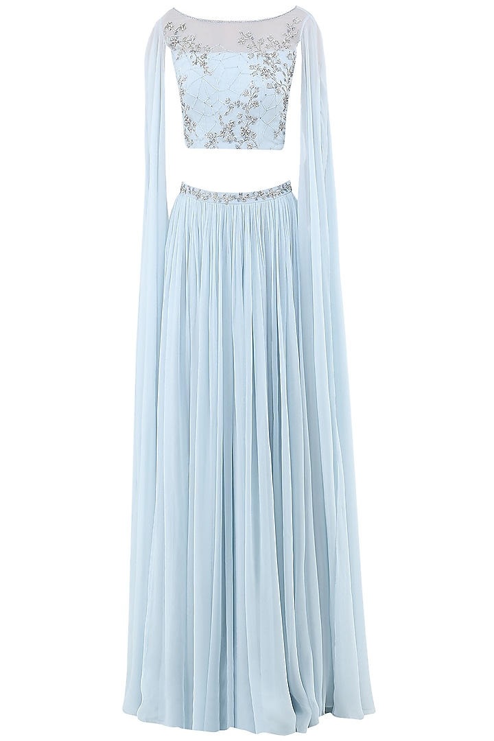 Pastel blue embroidered two slit cape sleeves crop top with lehenga skirt available only at Pernia's Pop Up Shop.