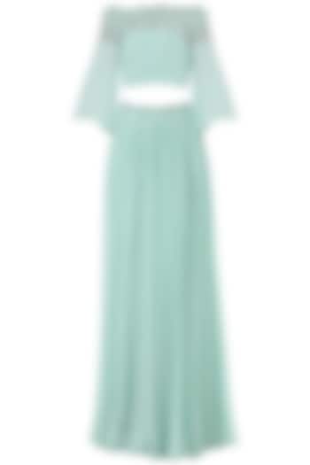 Pastel blue embroidered flared sleeves crop top with lehenga skirt available only at Pernia's Pop Up Shop.