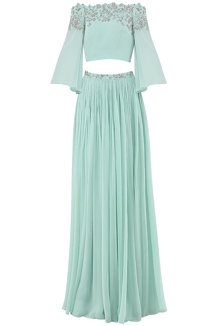 Pastel blue embroidered flared sleeves crop top with lehenga skirt available only at Pernia's Pop Up Shop.