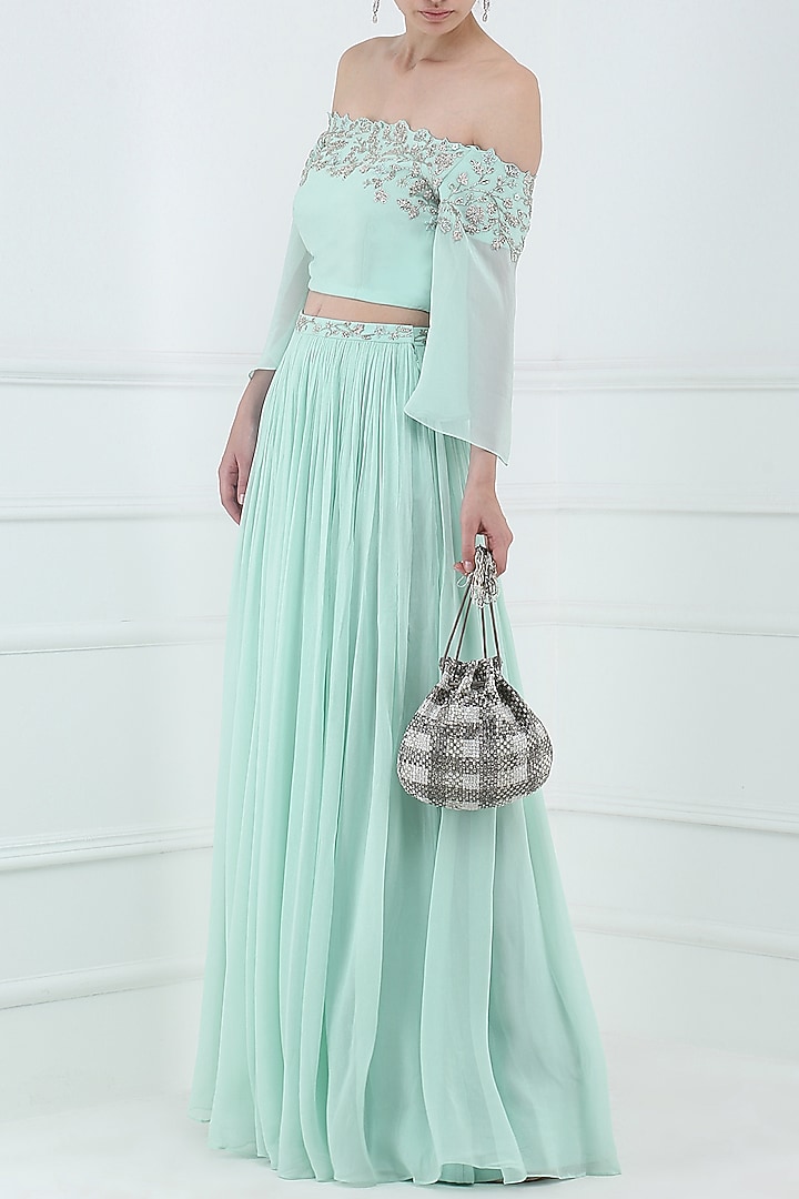Pastel blue embroidered flared sleeves crop top with lehenga skirt available only at Pernia's Pop Up Shop.