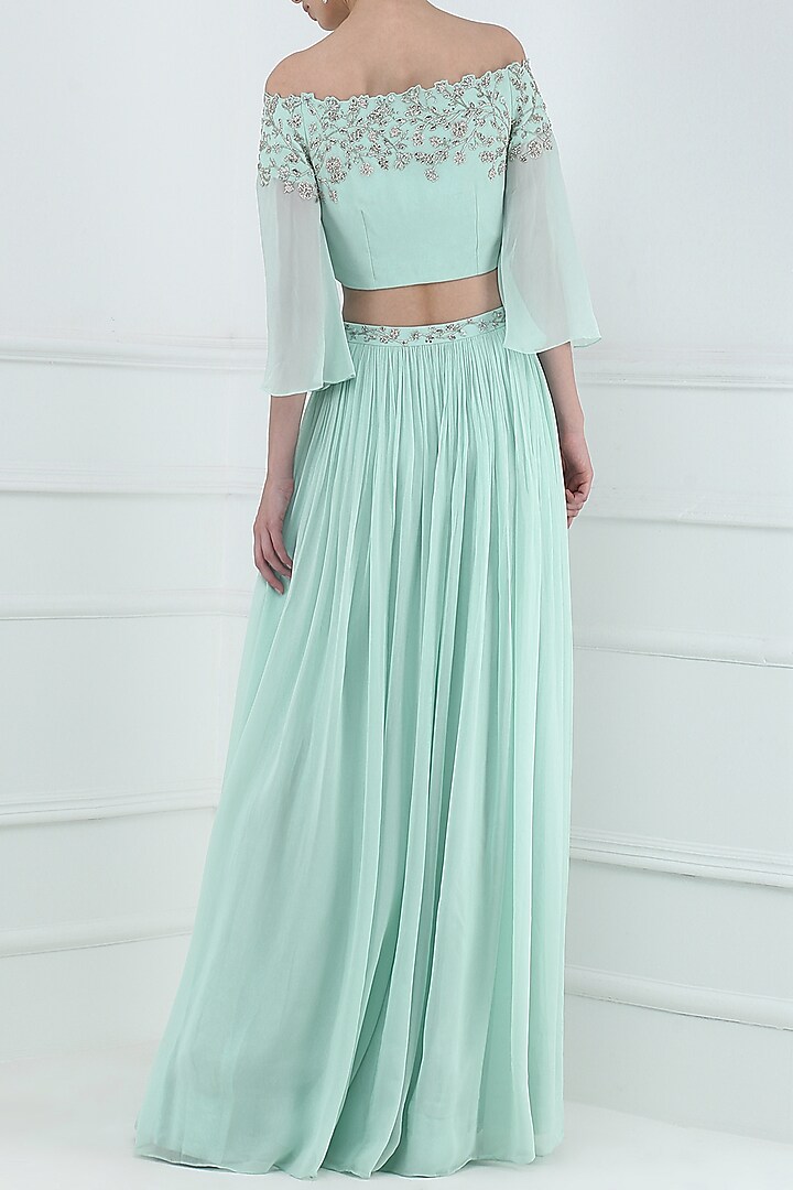Pastel blue embroidered flared sleeves crop top with lehenga skirt available only at Pernia's Pop Up Shop.
