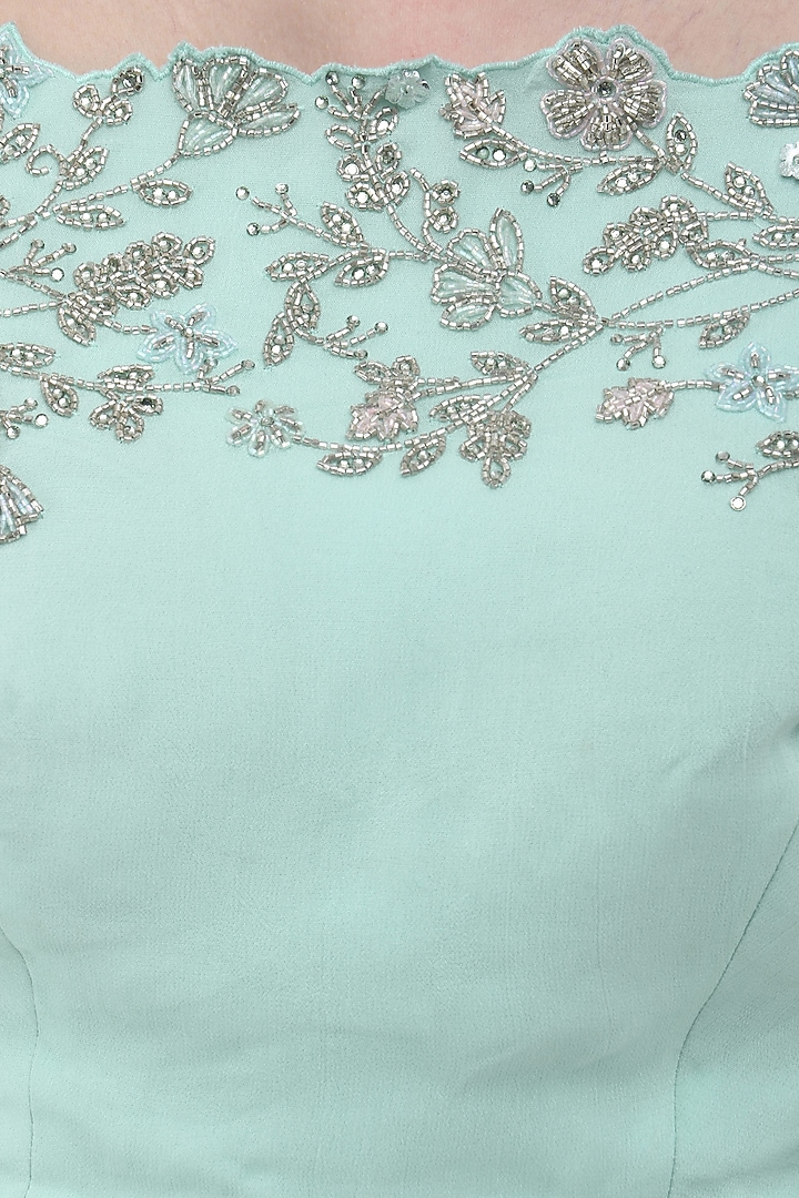 Pastel blue embroidered flared sleeves crop top with lehenga skirt available only at Pernia's Pop Up Shop.