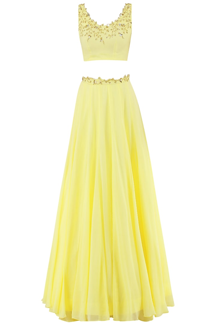 Lemon yellow embroidered lehenga set available only at Pernia's Pop Up Shop.