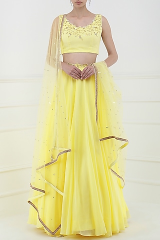 Lemon Yellow Embroidered Lehenga Set by Pooja Peshoria