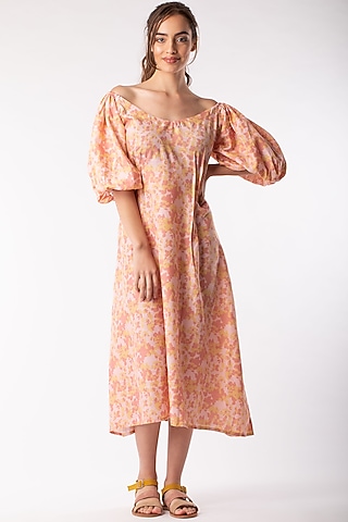 Beige Midi Dress With Elasticated Shoulders by Platform 9