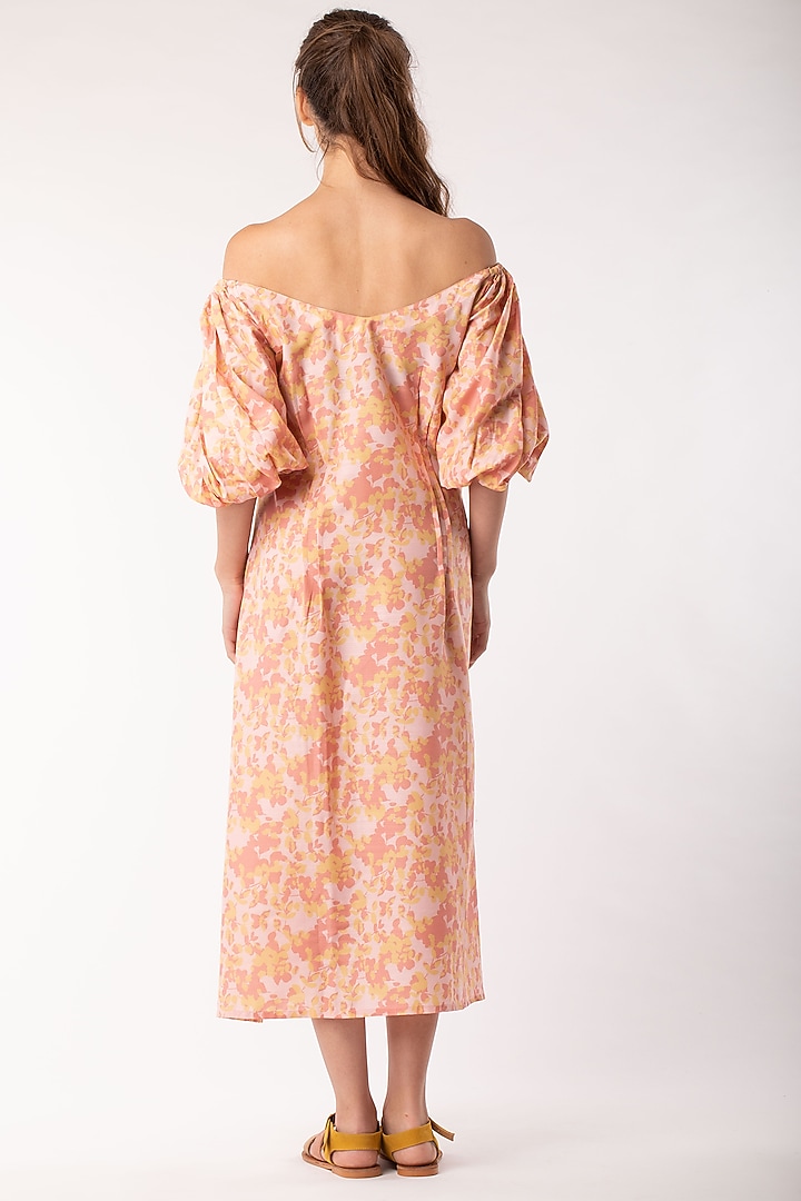 Beige Midi Summer Dress With Elasticated Shoulders by Platform 9 at Pernia's Pop Up Shop