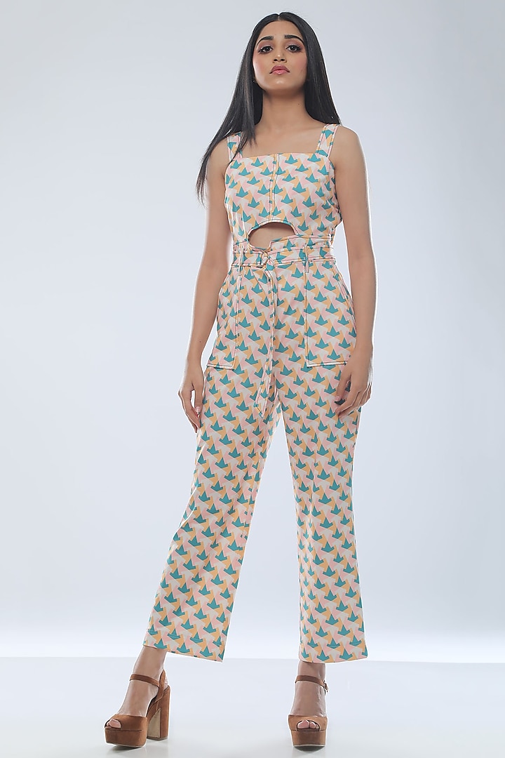 Yellow Printed Strappy Jumpsuit With Belt by Platform 9