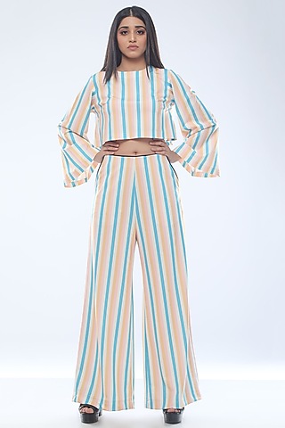 Yellow Stripe Printed Crop Top With Pants by Platform 9